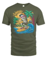 Skeleton Surfing Tshirt Retro Beach Wave Graphic Tee - military green t-shirt on white background