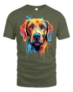 Colorful Dog Tshirt Vibrant Labrador Art Graphic - military green t-shirt on white background