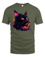 Colorful Black Cat Tshirt Vibrant Neon Art Graphic - military green t-shirt on white background