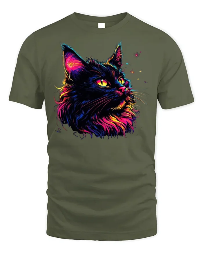 Colorful Black Cat Tshirt Vibrant Neon Art Graphic - military green t-shirt on white background