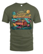 Summer Wanderlust Van Tshirt Retro Travel Vibe - military green t-shirt on white background