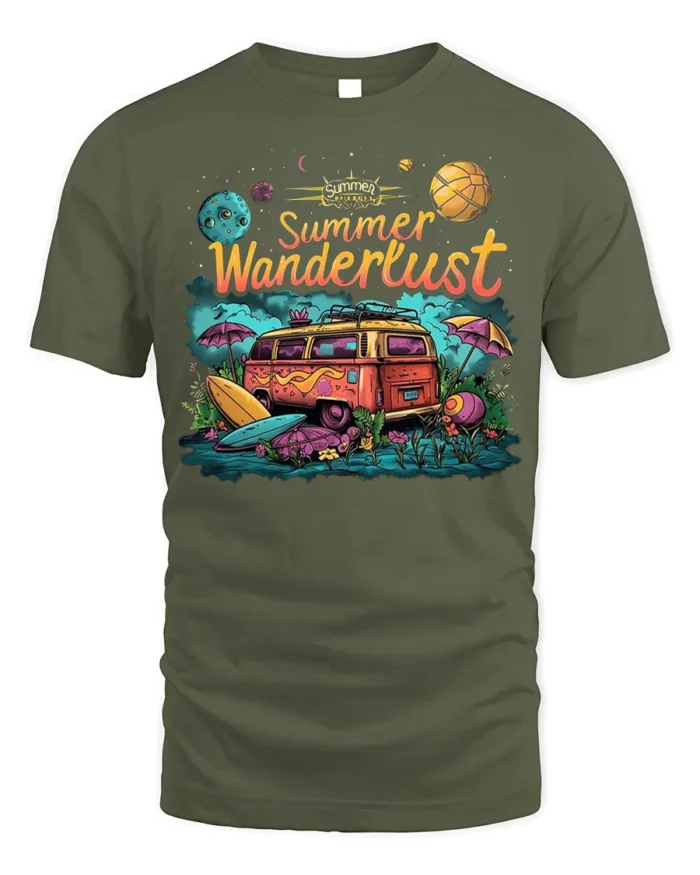 Summer Wanderlust Van Tshirt Retro Travel Vibe - military green t-shirt on white background