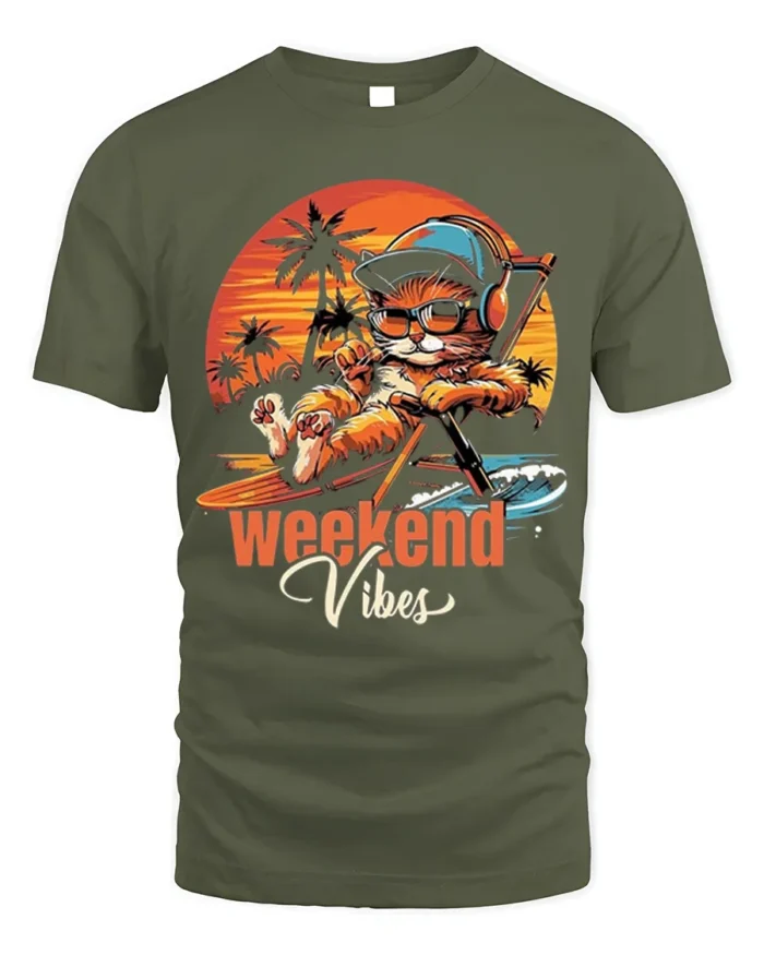 Weekend Vibes Cat Tshirt Retro Chill Sunset Tee - military green t-shirt on white background