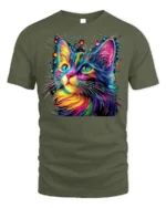 Colorful Cat Tshirt Vibrant Rainbow Art Graphic - military green t-shirt on white background