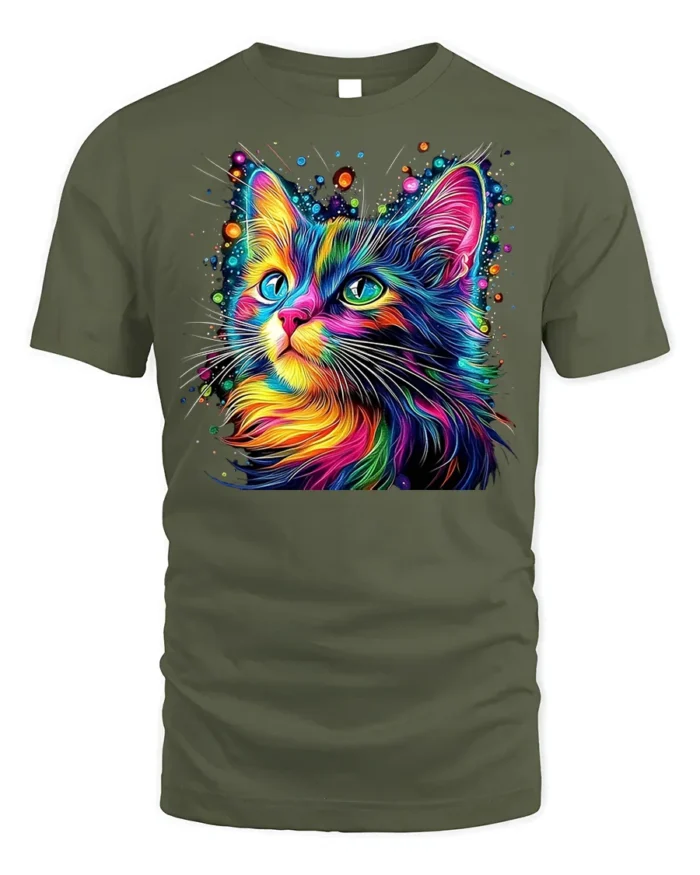 Colorful Cat Tshirt Vibrant Rainbow Art Graphic - military green t-shirt on white background