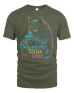 Cat Mother Coffee Lover Tshirt Neon Art Graphic - military green t-shirt on white background