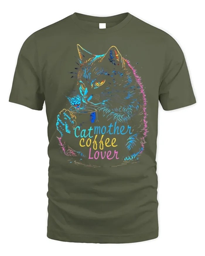 Cat Mother Coffee Lover Tshirt Neon Art Graphic - military green t-shirt on white background