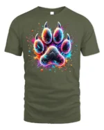 Colorful Paw Print Tshirt Vibrant Animal Art Tee - military green t-shirt on white background