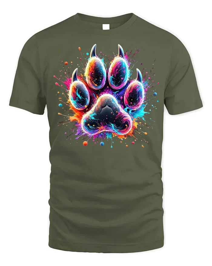 Colorful Paw Print Tshirt Vibrant Animal Art Tee - military green t-shirt on white background