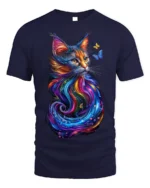 Colorful Cat Art T-Shirt with Butterfly Design - navy t-shirt on white background
