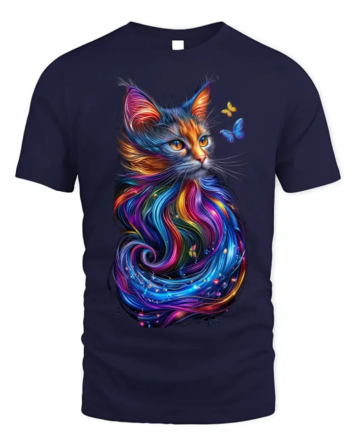 Colorful Cat Art T-Shirt with Butterfly Design - navy t-shirt on white background