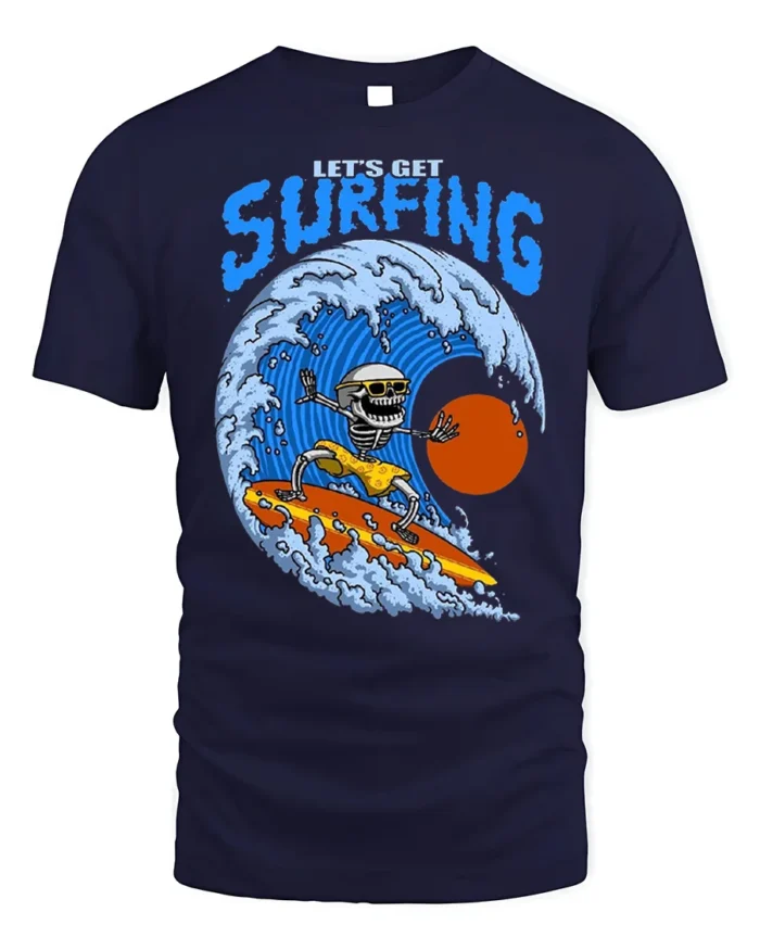 Lets Get Surfing Skeleton Tshirt Retro Wave Graphic - navy t-shirt on white background