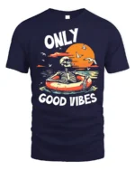 Only Good Vibes Skeleton Tshirt Retro Beach Style - navy t-shirt on white background