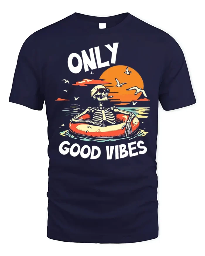 Only Good Vibes Skeleton Tshirt Retro Beach Style - navy t-shirt on white background