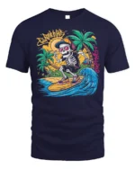 Skeleton Surfing Tshirt Retro Beach Wave Graphic Tee - navy t-shirt on white background