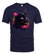 Colorful Black Cat Tshirt Vibrant Neon Art Graphic - navy t-shirt on white background