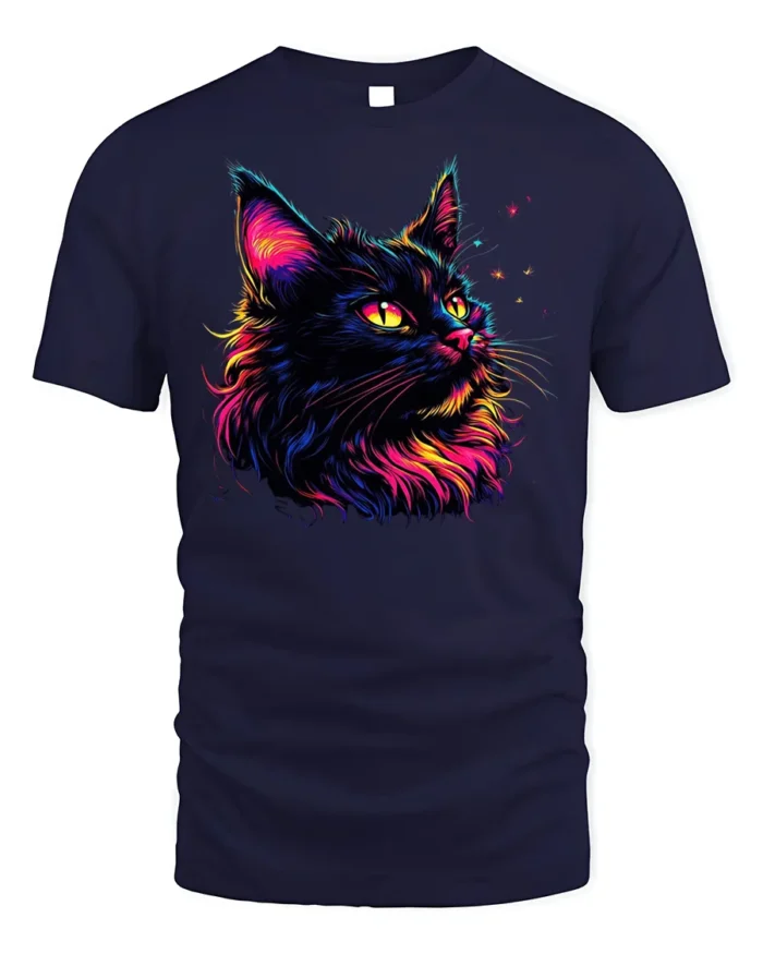 Colorful Black Cat Tshirt Vibrant Neon Art Graphic - navy t-shirt on white background
