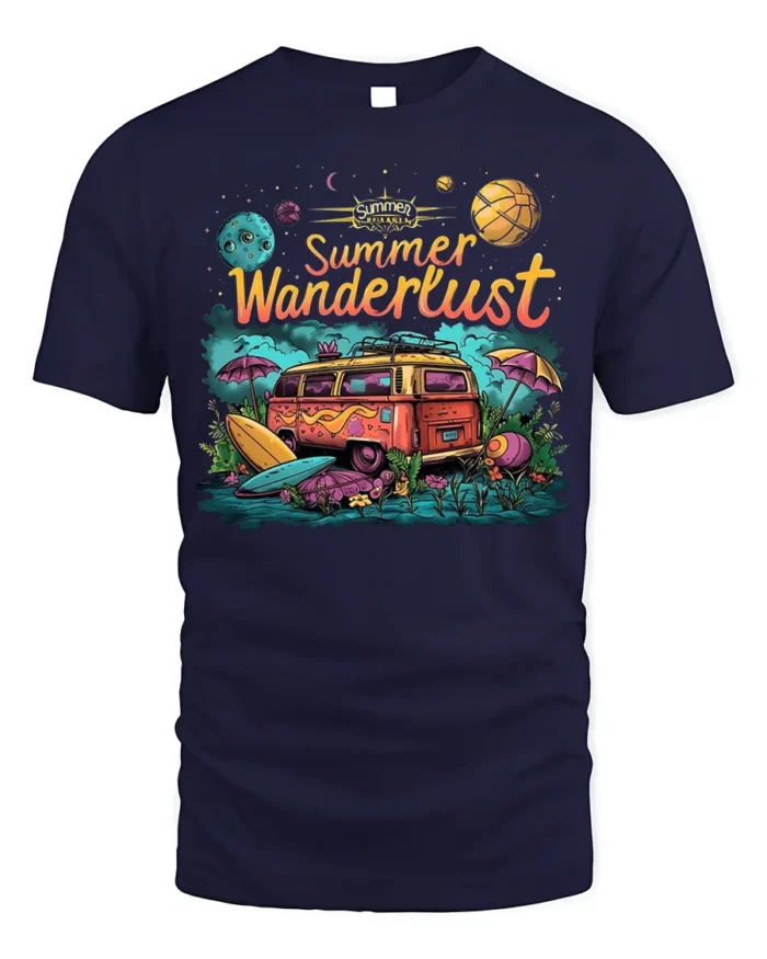 Summer Wanderlust Van Tshirt Retro Travel Vibe - navy t-shirt on white background