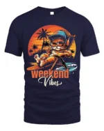 Weekend Vibes Cat Tshirt Retro Chill Sunset Tee - navy t-shirt on white background