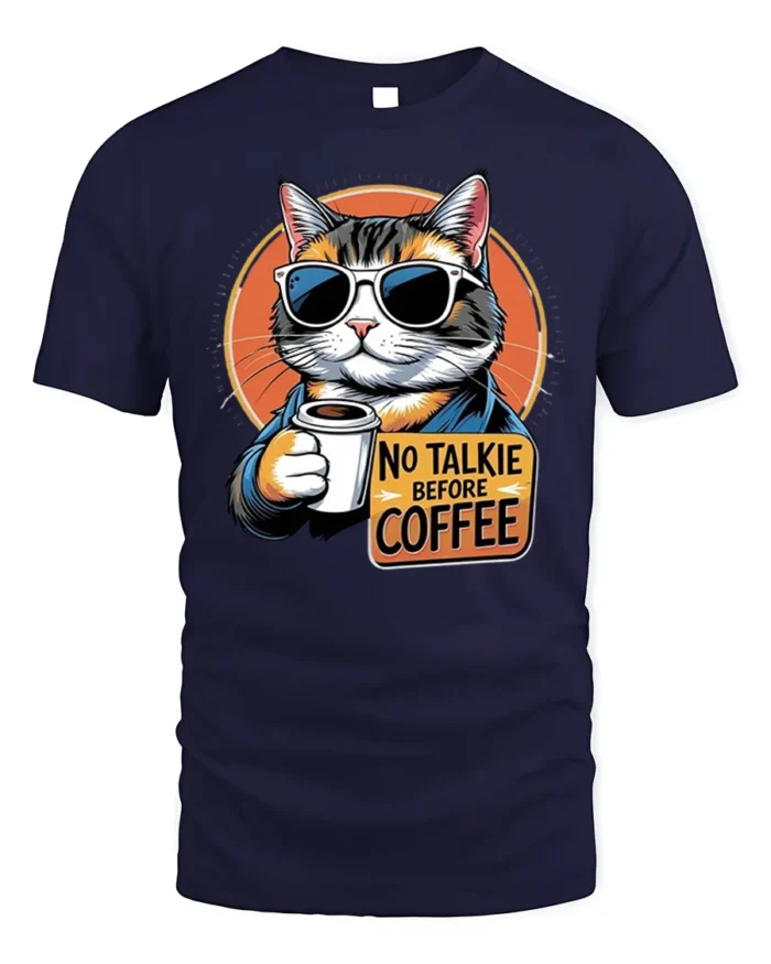 No Talkie Before Coffee Cat Funny Graphic Tshirt - navy t-shirt on white background