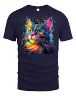 Colorful Cat Tshirt Vibrant Rainbow Art Graphic - navy t-shirt on white background
