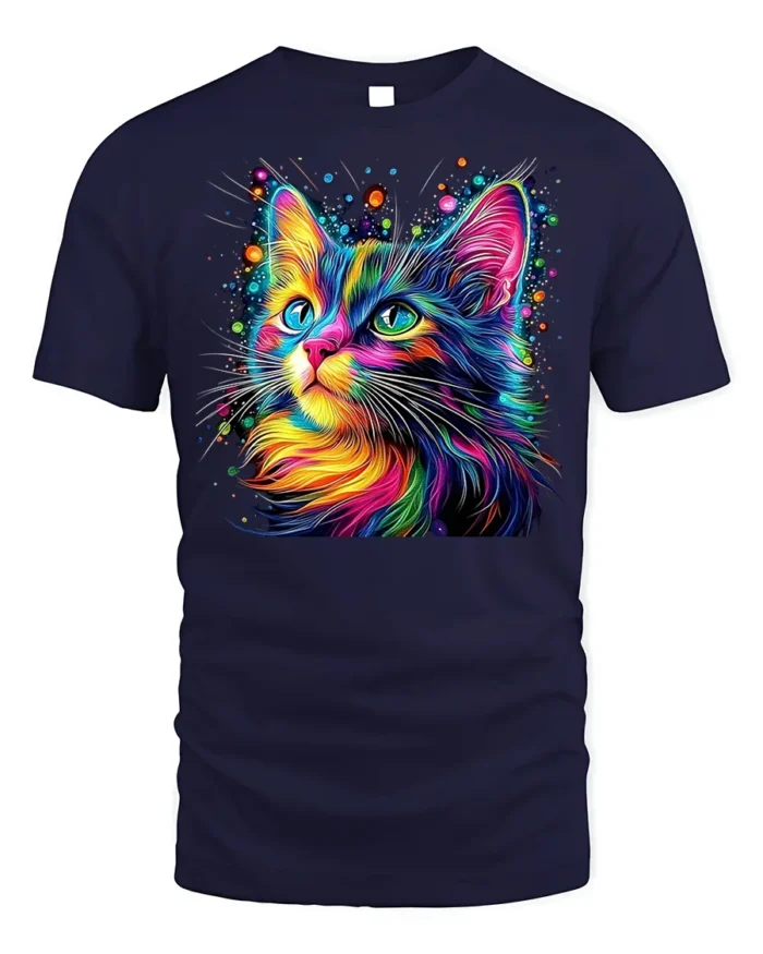 Colorful Cat Tshirt Vibrant Rainbow Art Graphic - navy t-shirt on white background