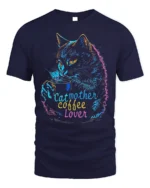 Cat Mother Coffee Lover Tshirt Neon Art Graphic - navy t-shirt on white background