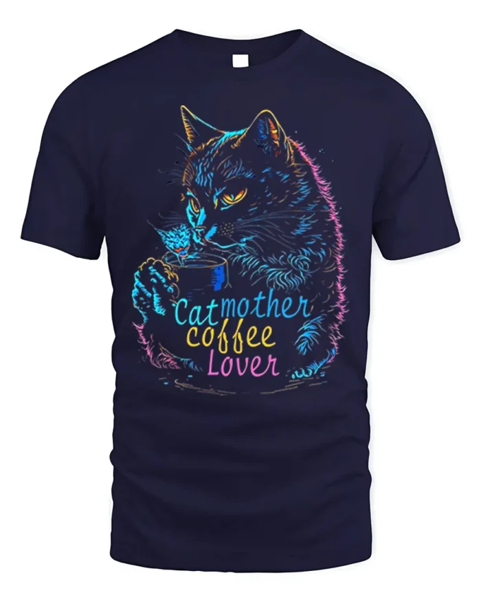 Cat Mother Coffee Lover Tshirt Neon Art Graphic - navy t-shirt on white background