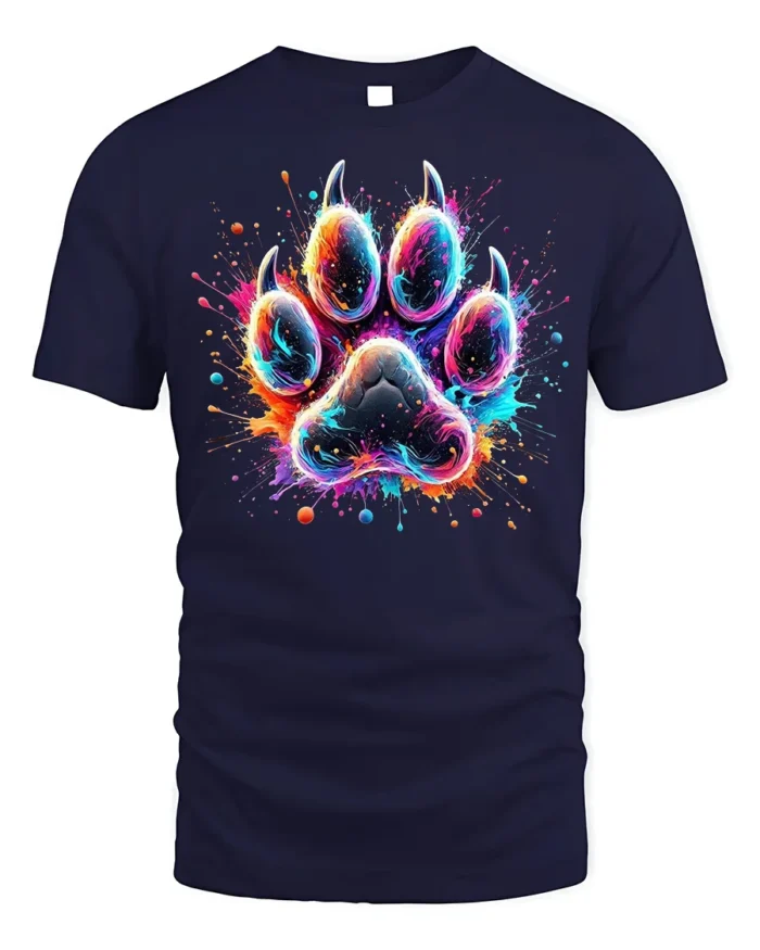 Colorful Paw Print Tshirt Vibrant Animal Art Tee - navy t-shirt on white background