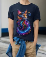 Colorful Cat Art T-Shirt with Butterfly Design - model wearing navy shirt, hands in pockets