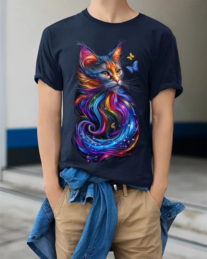 Colorful Cat Art T-Shirt with Butterfly Design - model wearing navy shirt, hands in pockets