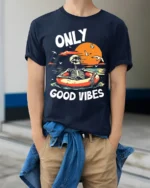 Only Good Vibes Skeleton Tshirt Retro Beach Style - model wearing navy shirt, hands in pockets