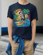 Skeleton Surfing Tshirt Retro Beach Wave Graphic Tee - model wearing navy shirt, hands in pockets