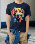 Colorful Dog Tshirt Vibrant Labrador Art Graphic - model wearing navy shirt, hands in pockets