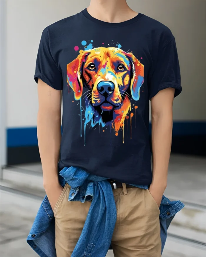 Colorful Dog Tshirt Vibrant Labrador Art Graphic - model wearing navy shirt, hands in pockets