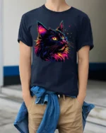 Colorful Black Cat Tshirt Vibrant Neon Art Graphic - model wearing navy shirt, hands in pockets