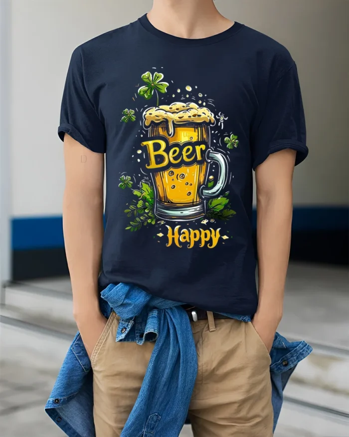 Beer Happy Tshirt Funny St Patricks Day Drinking Tee - model wearing navy shirt, hands in pockets