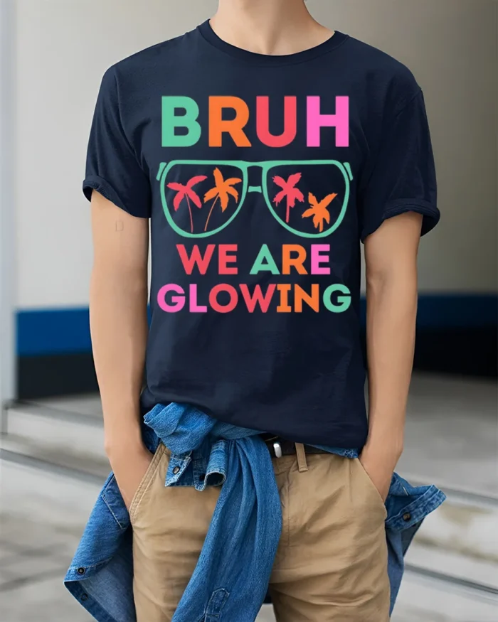 Bruh We Are Glowing Tshirt Neon Party Vibes Tee - model wearing navy shirt, hands in pockets