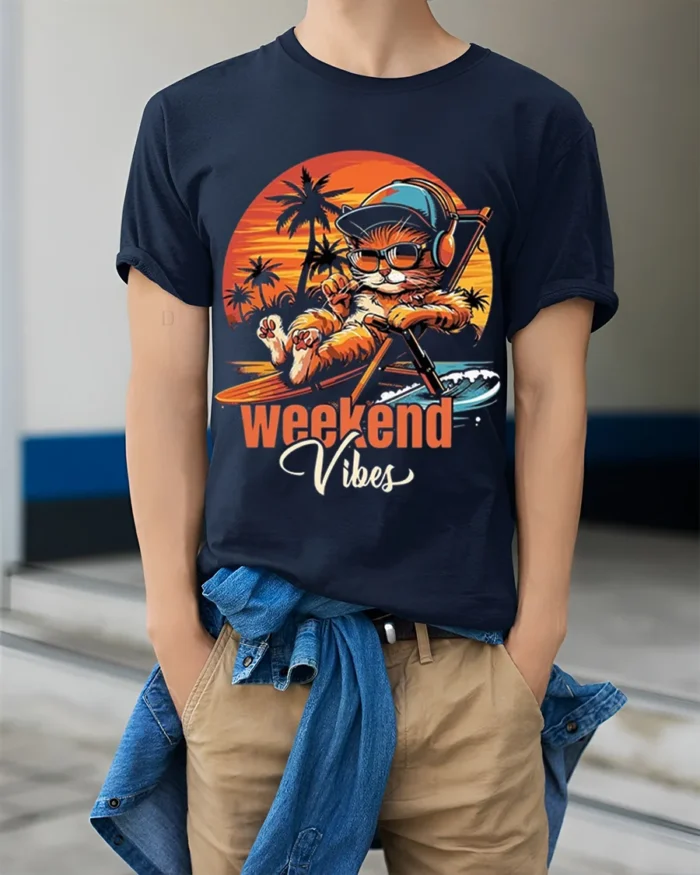 Weekend Vibes Cat Tshirt Retro Chill Sunset Tee - model wearing navy shirt, hands in pockets