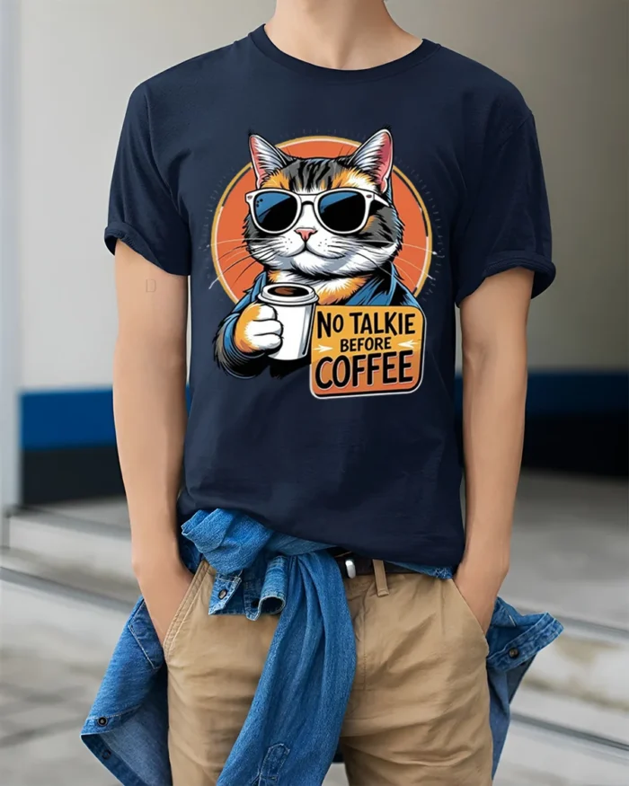 No Talkie Before Coffee Cat Funny Graphic Tshirt - model wearing navy shirt, hands in pockets