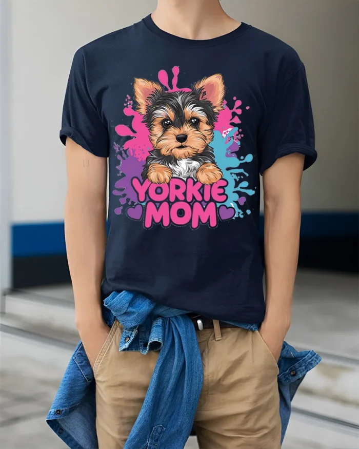Yorkie Mom Tshirt Cute Yorkshire Terrier Dog Tee - model wearing navy shirt, hands in pockets