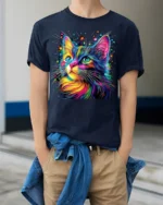 Colorful Cat Tshirt Vibrant Rainbow Art Graphic - model wearing navy shirt, hands in pockets