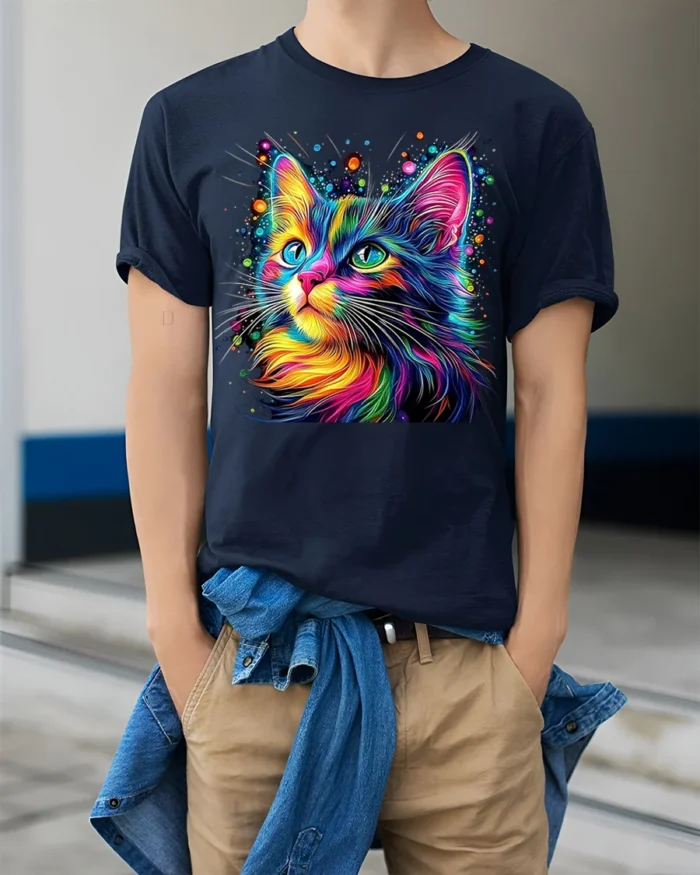 Colorful Cat Tshirt Vibrant Rainbow Art Graphic - model wearing navy shirt, hands in pockets