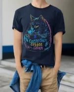 Cat Mother Coffee Lover Tshirt Neon Art Graphic - model wearing navy shirt, hands in pockets