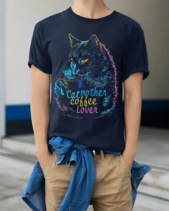 Cat Mother Coffee Lover Tshirt Neon Art Graphic - model wearing navy shirt, hands in pockets