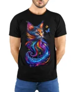 Colorful Cat Art T-Shirt with Butterfly Design - model wearing black shirt, hands behind back