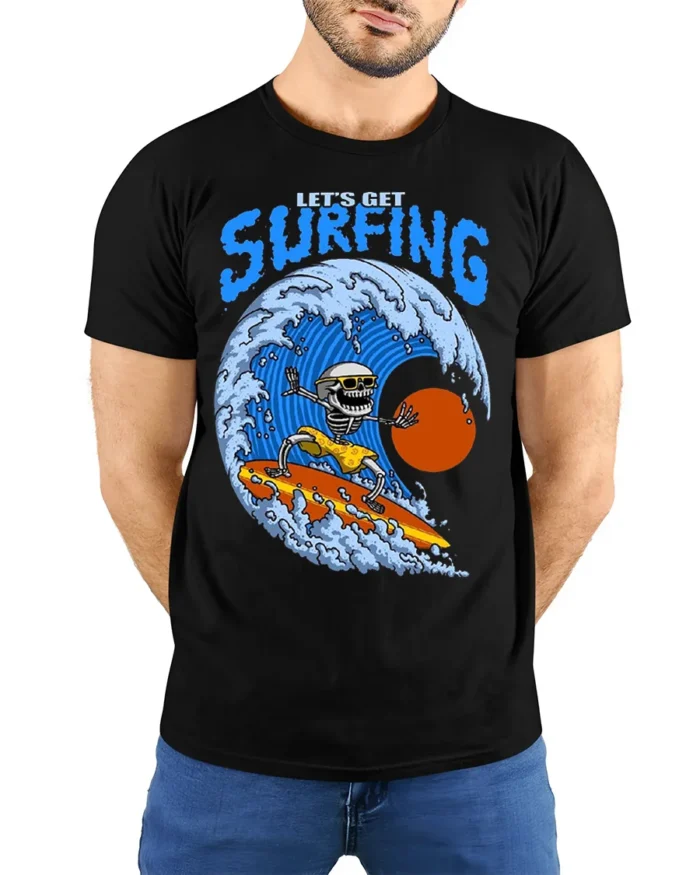 Lets Get Surfing Skeleton Tshirt Retro Wave Graphic - model wearing black shirt, hands behind back