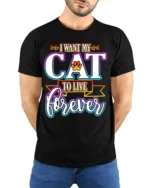 I Want My Cat To Live Forever Funny Quote Tshirt - model wearing black shirt, hands behind back