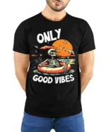 Only Good Vibes Skeleton Tshirt Retro Beach Style - model wearing black shirt, hands behind back