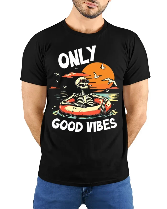 Only Good Vibes Skeleton Tshirt Retro Beach Style - model wearing black shirt, hands behind back